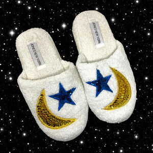 Jones New York Sequined Moon Stars Sz M 7-8 White Terry Scuff Slippers Lounge